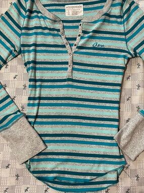 Aeropostale Teal & Gray Striped Henley Long Sleeve Top